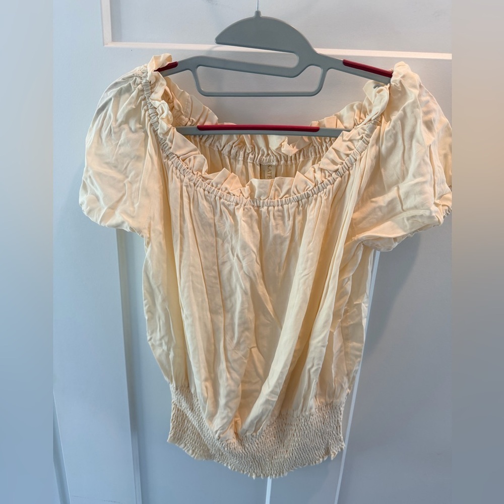 Kate Kasin Cream Smocked Peasant Blouse Puff Sleeve Cottagecore Top Large